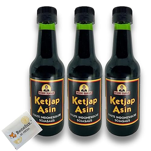 Kokki Djawa authentisches Ketjap Asin Sparpaket 3x 250ml Indonesien salzige Soja Sauce + Benefux. Erfrischungstuch von Benefux.