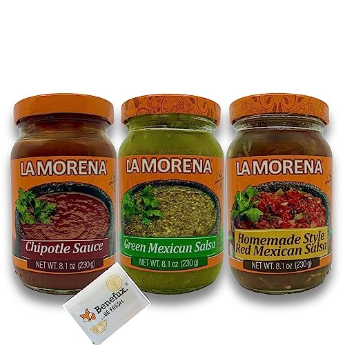 La Morena Original aus Mexico authentisches Mexican Salsa Chipotle Set, Red,Green, Chipotle-Sauce 3x 230g + Benefux. Erfrischungstuch von Benefux.