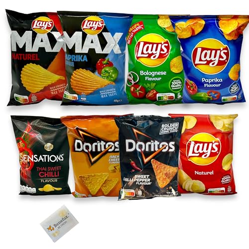 Lay’s + Doritos Chips Probierpaket 24 kleine Mini-Beutel (8 verschiedene Sorten) - 976g Gesamtgewicht perfekt zur Erstellung eines eigenen Adventskalenders von Benefux.