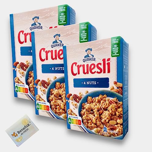 Quaker Cruesli 4nuts (4 noten) Knuspermüsli mit 4 Sorten Nüssen Multipack 3x 450g + Benefux. Erfrischungstuch von Benefux.