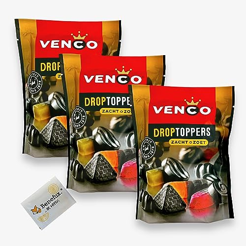 Venco Droptoppers Lakritz Holland Zacht & Zoet Vorteilsset 3X 215g + Benefux. Erfrischungstuch von Benefux.