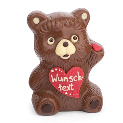 Bärchen aus Schokolade personalisiert mit Wunschtext - persönliches Geschenk zum Valentinstag Muttertag Geburtstag - deutsche Handarbeit aus feinster Vollmilch-Kuvertüre mit Marzipan Herz - 220g von Bengelmann