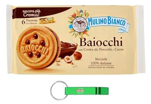 12x Mulino Bianco Baiocchi, Kekse gefüllt mit Haselnusscreme und Kakao - Biscuit Snack 336g Packung,Jede Packung enthält 6 Einzelportionen à 56g + Beni Culinari Kostenloser Schlüsselanhänger von Beni Culinari