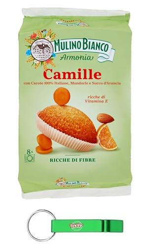 12x Mulino Bianco Merendine Camille, Süßer Snack mit Karotten, Mandeln, Orangensaft - Reich an Ballaststoffen, 304g Packung mit 8 Kuchen + Beni Culinari Kostenloser Schlüsselanhänger von Beni Culinari