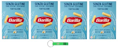 4x Barilla Pasta Tortiglioni Senza Glutine,Glutenfreie Nudeln aus weißem Mais, gelbem Mais und braunem Reis 400g + Beni Culinari Kostenloser Schlüsselanhänger von Beni Culinari