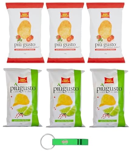 6x Testpaket San Carlo Più Gusto Patatine,Limette und Rosa Pfeffer + Kirschtomaten - Kartoffelchips Chips,150g Beutel + Beni Culinari Kostenloser Schlüsselanhänger von Beni Culinari