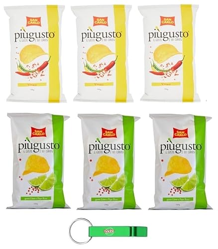 6x Testpaket San Carlo Più Gusto Patatine,Limette und Rosa Pfeffer + Vivace Paprika - Kartoffelchips Chips,150g Beutel + Beni Culinari Kostenloser Schlüsselanhänger von Beni Culinari