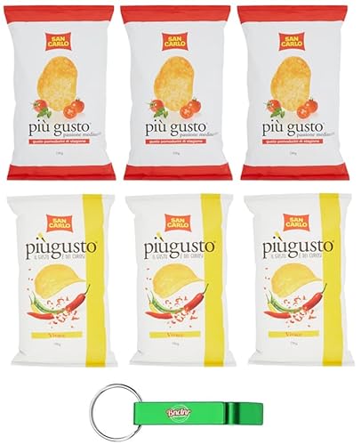 6x Testpaket San Carlo Più Gusto Patatine,Paprika + Kirschtomaten - Kartoffelchips Chips,150g Beutel + Beni Culinari Kostenloser Schlüsselanhänger von Beni Culinari