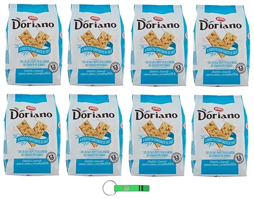 8x Doria Doriano Cracker Meno Sale - Duftende und Knusprige Cracker mit Reduziertem Salzgehalt - 700g Beutel – Jeder Beutel enthält 24 Einzelportionen + Beni Culinari Kostenloser Schlüsselanhänger von Beni Culinari