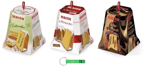 Testpaket Maina Pandoro Classico - Oro Fondente - Pistaziencreme - Traditionelles italienisches Weihnachtsdessert - Weihnachts Kuchen 3 x 750g + Beni Culinari Kostenloser Schlüsselanhänger von Beni Culinari