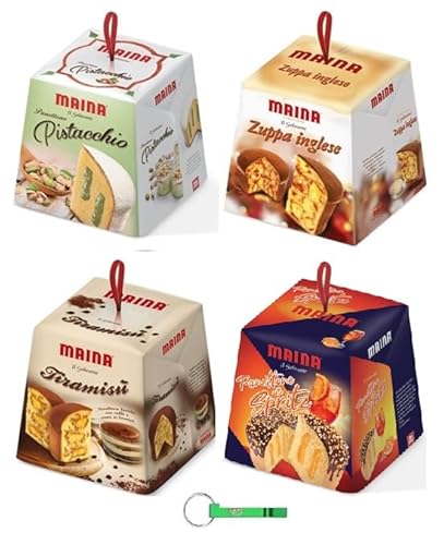 Testpaket Maina Panettone Spritz - Tiramisù - Pistacchio - Zuppa Inglese Traditionelles italienisches Weihnachtsdessert - Weihnachts Kuchen 4 x 750g + Beni Culinari Kostenloser Schlüsselanhänger von Beni Culinari