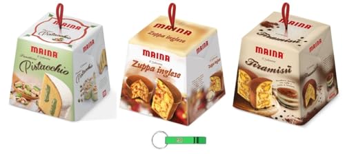 Testpaket Maina Panettone Tiramisù - Pistacchio - Zuppa Inglese Traditionelles italienisches Weihnachtsdessert - Weihnachts Kuchen 3 x 750g + Beni Culinari Kostenloser Schlüsselanhänger von Beni Culinari