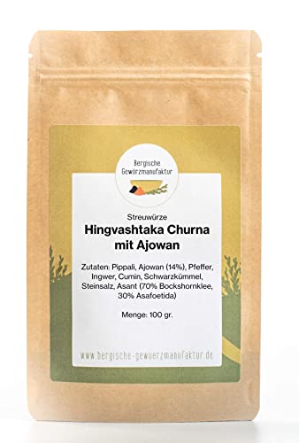 Ayurvedische Streuwürze Hingvashtaka Churna mit Ajowan, Pippali, Ingwer, Cumin, Schwarzkümmel, Steinsalz und Asant von Bergische Gewürzmanufaktur