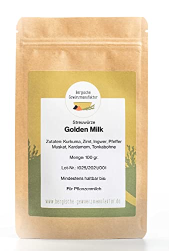 Golden Milk Gewürzmischung, Kurkuma Latte oder auch Tumeric Latte mit Kurkuma, Ceylon-Zimt, Ingwer, Pippali, Muskat, Kardamom, Tonkabohne von Bergische Gewürzmanufaktur