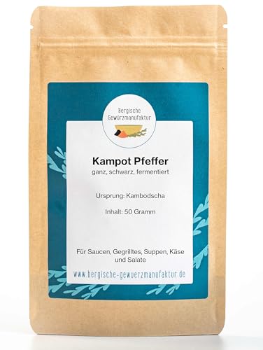 Kampot Pfeffer, ganz, schwarz, fermentiert. Der Echte aus Kambodscha mit feinem Salz fermentiert von Bergische Gewürzmanufaktur