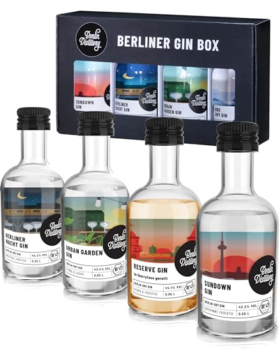 Berlin Distillery® Gin Geschenkbox - 4 kleine Gin Flaschen in einer Geschenkverpackung - Premium Dry Gin Flasche | Handcraftet & aromatisch im Geschmack | Regional & nachhaltig aus Berlin von Berlin Distillery