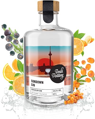 Berlin Distillery® Sundown Gin - 0,5L Premium Dry Gin Flasche | Handcraftet & Fruchtig-Mild im Geschmack | Regional & nachhaltig aus Berlin | 43,2% Alkohol | Aus 11 harmonisch abgestimmten Botanicals von Berlin Distillery