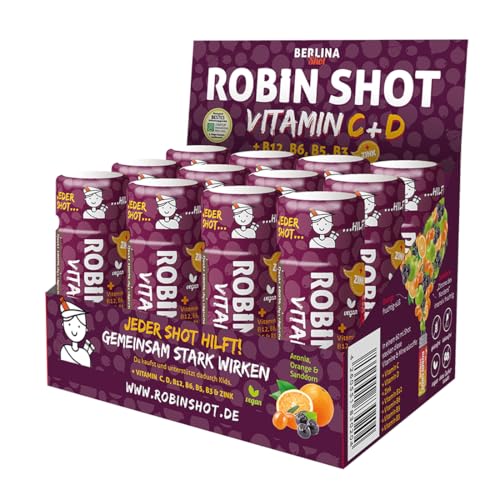 Berlina Robin Shot Vitamine Box – 12 Shots à 60ml, mit Aronia-, Orangen- und Sanddornsaft. Mit Vitaminen C, D, B3, B5, B6, B12 und Zink. von Berlinashot