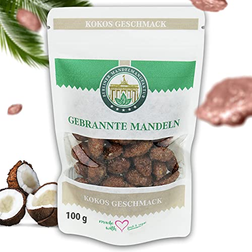 1x100g Gebrannte Mandeln mit Kokos Geschmack, Vegan, Original Kirmes Mandeln, Gebrannte Nüsse, vegane Süßigkeiten, Süßigkeiten Weihnachten, spanische Largueta Mandeln von Berliner Mandelmanufaktur