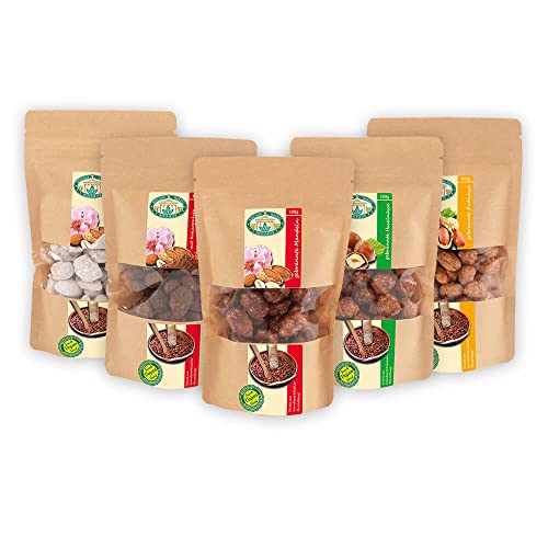 5x 100g Gebrannte Nüsse Kennenlern-Paket, Gebrannte Mandeln, Gebrannte Erdnüsse Vegan, Original Kirmes Mandeln, ohne Zusatzstoffe und Geschmacksverstärker, spanische Largueta Mandeln von Berliner Mandelmanufaktur