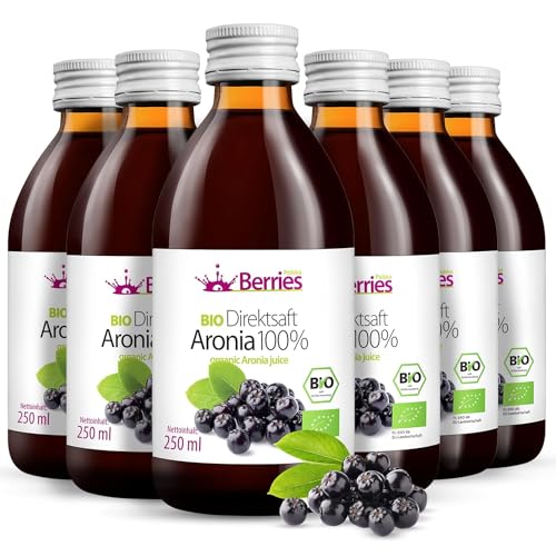 BIO Aroniasaft 6er Pack (6x250ml) BIO purer Aronia-Direktsaft 100% - Kaltgepresst Aronia Muttersaft- ohne Farbstoffe, ohne Zucker, ohne GMO, ohne Konservierungsstoffe- Vegan- Organisch- BerriesPolska® von Berries Polska