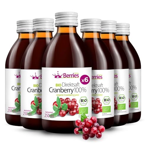 BIO Cranberrysaft 6er Pack (6x250ml) - BIO purer Cranberry-Direktsaft - 100% Kaltgepresst Muttersaft - ohne Farbstoffe, ohne Zucker, ohne GMO, ohne Konservierungsstoffe - Vegan - BerriesPolska® von Berries Polska