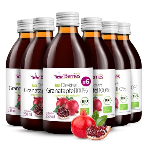 BIO Granatapfelsaft 6er Pack (6x250ml)- BIO purer Granatapfel-Direktsaft 100% - Kaltgepresst Muttersaft - ohne Farbstoffe, ohne Zucker, ohne GMO, ohne Konservierungsstoffe - Vegan, Öko, BerriesPolska® von Berries Polska