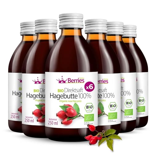 BIO Hagebuttensaft 6er Pack (6x250ml) - BIO purer Hagebutte-Direktsaft - 100% Kaltgepresst Muttersaft - ohne Farbstoffe, ohne Zucker, ohne GMO, ohne Konservierungsstoffe - Vegan - Öko - BerriesPolska® von Berries Polska