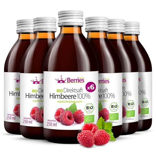 BIO Himbeersaft 6er Pack (6x250ml) - BIO purer Himbeer-Direktsaft - 100% Kaltgepresst Himbeer Muttersaft - ohne Farbstoffe, ohne Zucker, ohne GMO, ohne Konservierungsstoffe - Vegan - BerriesPolska® von Berries Polska