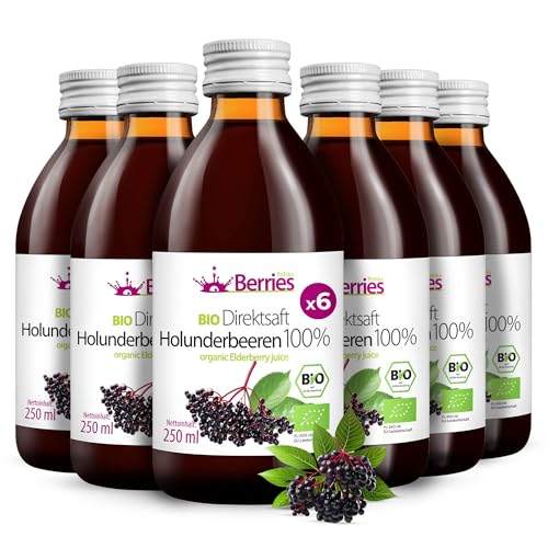 BIO Holundersaft 6er Pack (6x250ml) - BIO purer Holunder-Direktsaft - 100% Kaltgepresst Holunderbeeren Muttersaft - ohne Zuckerzusatz, ohne GMO, ohne Konservierungsstoffe - Vegan- Öko - BerriesPolska® von Berries Polska