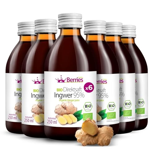 BIO Ingwersaft 6er Pack (6x250ml) - BIO purer Ingwer-Direktsaft - Kaltgepresst Ingwer Muttersaft - ohne Farbstoffe, ohne Zucker, ohne GMO, ohne Konservierungsstoffe- Vegan, Vegetarisch- BerriesPolska® von Berries Polska