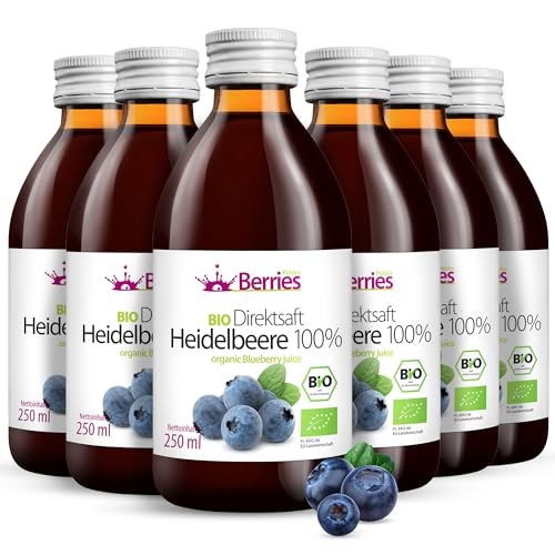 BIO Heidelbeersaft 6er Pack (6x250ml) - BIO purer Heidelbeere Direktsaft 100% - Kaltgepresst Blaubeer Muttersaft- ohne GMO, ohne Konservierungsstoffe, ohne Zuckerzusatz- Vegan, Öko, BerriesPolska® von Berries Polska