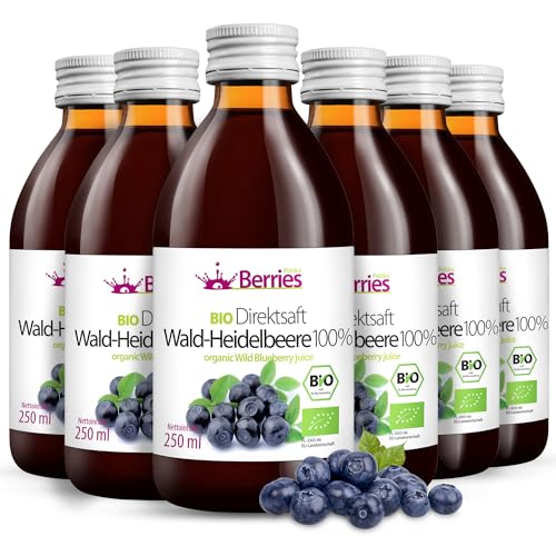 BIO Waldheidelbeersaft 6er Pack (6x250ml) - BIO purer Waldheidelbeere Direktsaft 100% - Kaltgepresst Muttersaft- ohne GMO, ohne Konservierungsstoffe, ohne Zuckerzusatz- Vegan, Öko, BerriesPolska® von Berries Polska