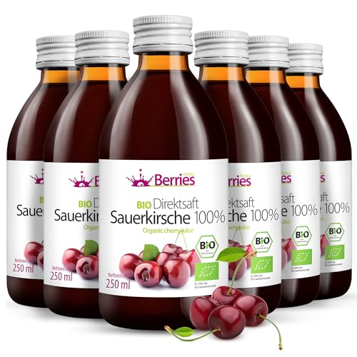 BIO Sauerkirschsaft 6er Pack (6x250ml)- BIO purer Sauerkirsche Direktsaft 100% - Kaltgepresst Kirsche Muttersaft- ohne GMO, ohne Konservierungsstoffe, ohne Zuckerzusatz - Vegan, Öko, BerriesPolska® von Berries Polska