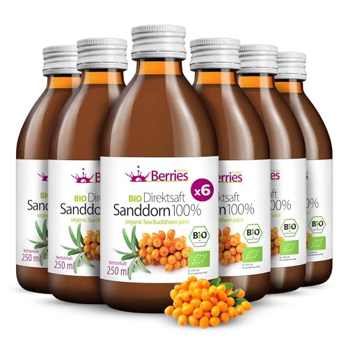 BIO Sanddornsaft 6er Pack (6x250ml) Purer Direktsaft aus BIO Frucht Gepresst, 100% Kaltgepresst Muttersaft- ohne Farbstoffe, ohne Zucker, ohne GMO, ohne Konservierungsstoffe - Vegan - BerriesPolska® von Berries Polska