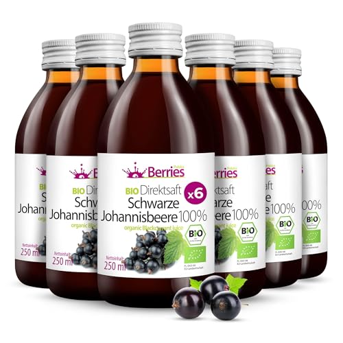 BIO Schwarzer Johannisbeersaft 6er Pack (6x250ml) - BIO purer Schwarze Johannisbeer-Direktsaft - 100% Kaltgepresst Muttersaft - ohne Zucker, GMO, Konservierungsstoffe - Vegan - Öko - BerriesPolska® von Berries Polska