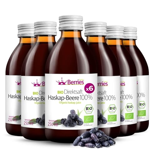 BIO Haskap-Beere-Saft 6er pack (6x250ml) - BIO purer Haskap-Beere-Direktsaft - 100% Kaltgepresst Muttersaft - ohne Farbstoffe, Zucker, GMO, Konservierungsstoffe - Vegan, Vegetarisch - BerriesPolska® von Berries Polska