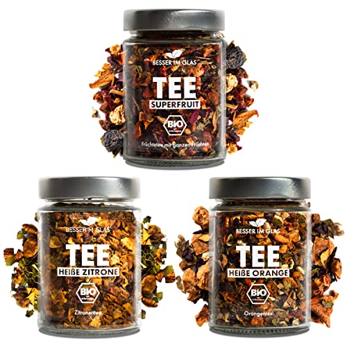 Besser im Glas Bio Tee Geschenkset Früchtetee lose „Superfruit“, "Heiße Zitrone" & "Heiße Orange" | 150 Portionen loser Tee süß & ohne Zucker | Tee Set nachhaltig | Tee Geschenk vegan | Tee lose von Besser im Glas