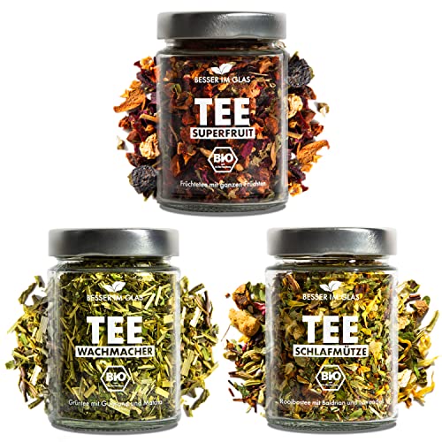 Besser im Glas Bio Tee Geschenkset Grüner Tee & Früchtetee lose „Superfruit“, "Wachmacher" & "Schlafmütze" | 150 Portionen loser Tee süß & ohne Zucker | Tee Set nachhaltig | Tee Geschenk lose & vegan von Besser im Glas