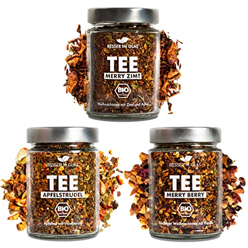 Besser im Glas Bio Tee Geschenkset Wintertee lose „Merry Zimt“, "Apfelstrudel" & "Merry Berry" | 150 Portionen loser Tee süß & ohne Zucker | Tee Set nachhaltig | Tee Geschenk vegan | Tee lose von Besser im Glas