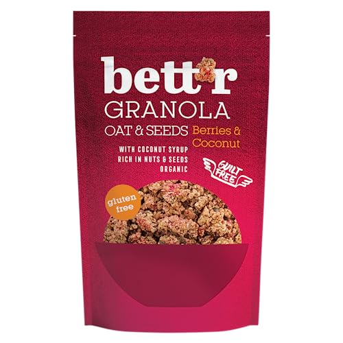 Bettr Bio Knusper-Müsli Beeren-Kokos - Nahrhaftes Granola für einen leckeren Start in den Tag Glutenfreier Hafer mit Samen, Nüssen, Kokoschips Beeren und Kokosblütennektar von Bettr