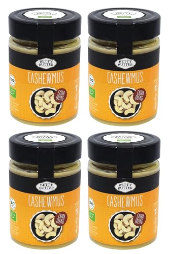 Betty Butter Bio Premium Cashewmus, geröstet, 4 x 330 g, Cashewbutter ohne Zucker, Cashewpüree, natürliches Nussmus ohne Zusatzstoffe, aus Fairtrade-Bio-Cashews, cremiges Nussmus ohne Zucker von Betty Butter