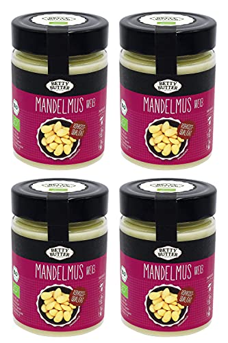 Betty Butter Bio Premium Mandelmus weiß, Rohkost-Qualität, 4 x 330 g, natürliches Nussmus ohne Zucker, Mandelmus ohne Zucker, Mandelpüree, Mandelbutter, ohne Zusatzstoffe, kein Palmöl von Betty Butter