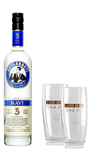 RAKI Beylerbeyi | Set aus 1 Flasche Türkischer Raki Mavi 70cl + 2 Raki-Gläser | Türkischer Brandy mit Anis aromatisiert - 100% frische Weintrauben - ohne Zuckerzusatz von Beylerbeyi