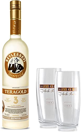 RAKI Beylerbeyi | Set aus 1 Flasche Türkischer Raki Teragold 70cl + 2 Raki-Gläser | Türkischer Brandy mit Anis aromatisiert - 100% frische Weintrauben - ohne Zuckerzusatz von Beylerbeyi