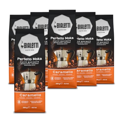 Bialetti - Perfetto Moka Caramello: Gemahlener Kaffee, Karamellgeschmack, 250g x 6, Beutel mit Aromaventil von Bialetti