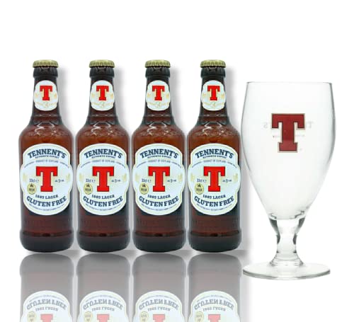 4 x Tennent`s Lager Gluten Free - Glutenfreies Lager aus Schottland mit 5% Alk. und ein Original Tennets Bierglas im Set - nur solange der Vorrat reicht von Bier