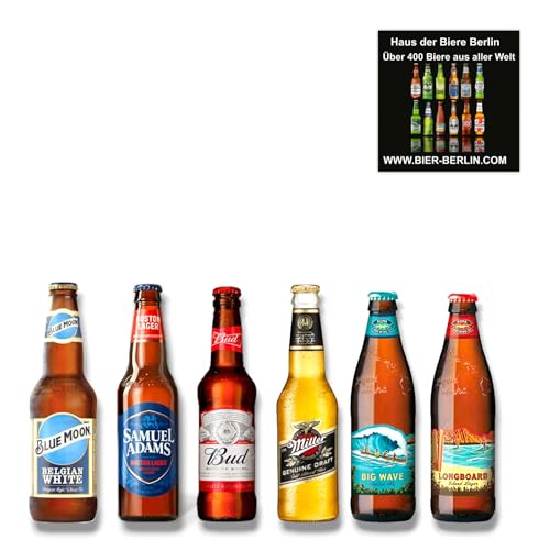 Amerika Bier Mix - Miller, Bud, Samuel Adams, Blue Moon, Kona Longboard & Big Wave -USA 6 x 330ml - Inkl. Haus der Biere Berlin Bierdeckel von Bier
