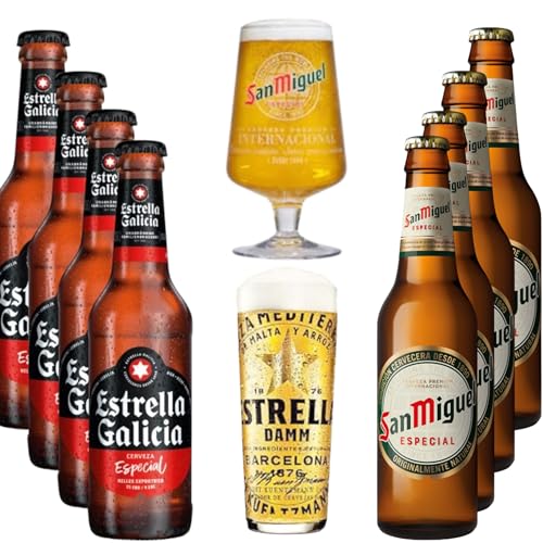 Bierpaket "Spanische Genussmomente" mit San Miguel und Estrella Galicia Bier im Mix, inklusive original Biergläser von Bier