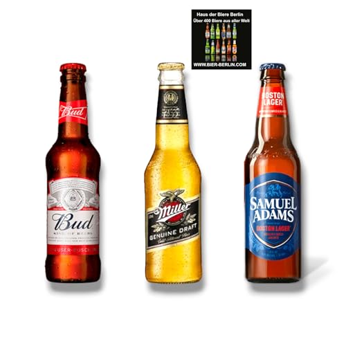 Bud Bier, Miller Genuine Draft & Samuel Adams Boston Lager- Amerika Mix - USA 24 x 330ml - Inkl. Haus der Biere Berlin Bierdeckel von Bier